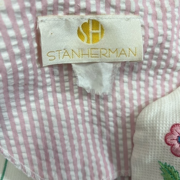 Stan Herman Striped Cotton Seersucker Robe Pink White Embroidered Flowers - Picture 8 of 8